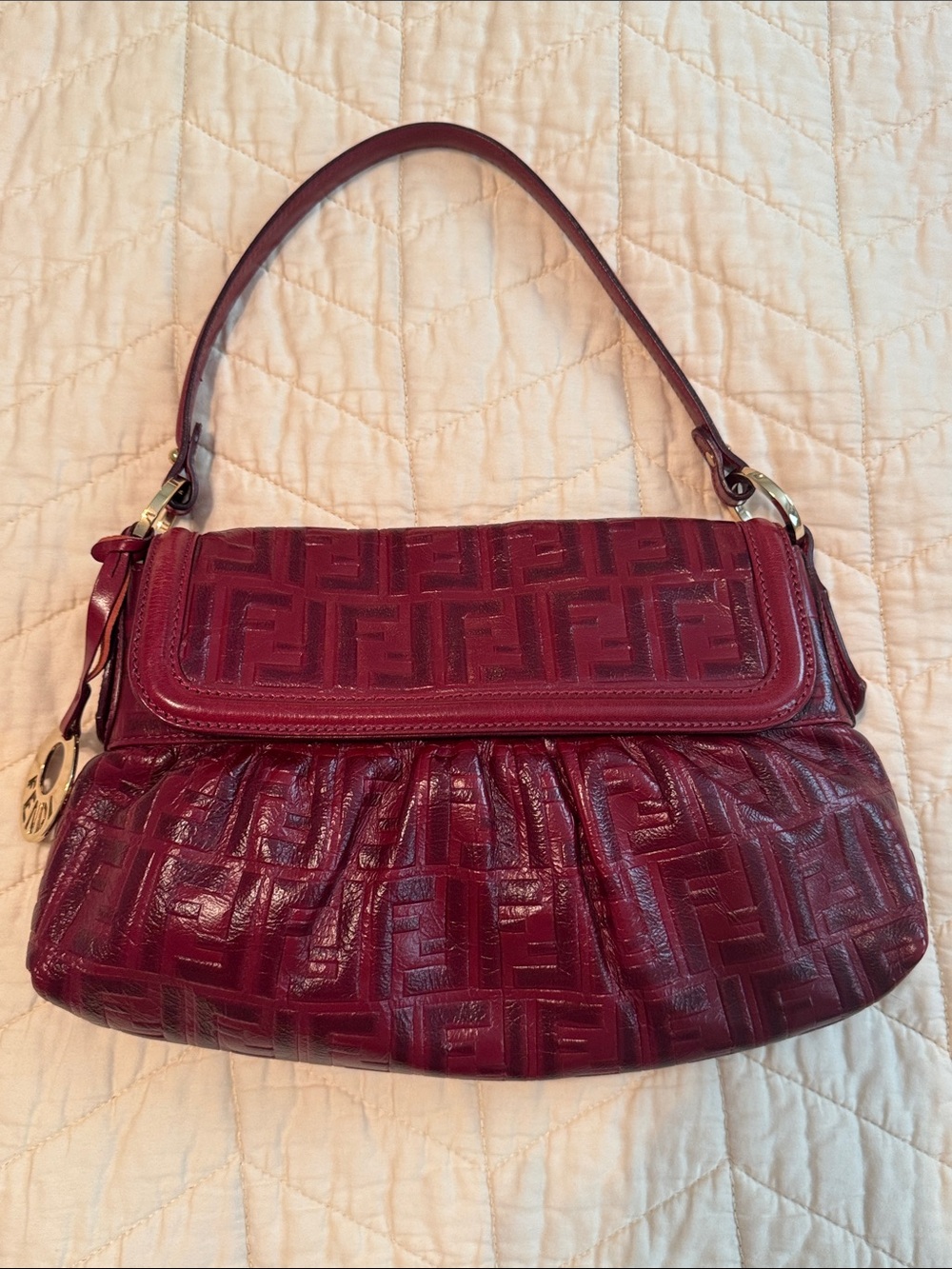 Authentic Fendi Wine Red Embossed FF Leather Shoulder Bag - Picture 4 of 12